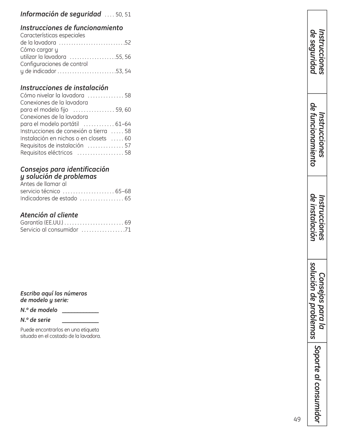 GE WSLP1500, WSLS1500 Información de seguridad Instrucciones de funcionamiento, Escriba aquí los números de modelo y serie 