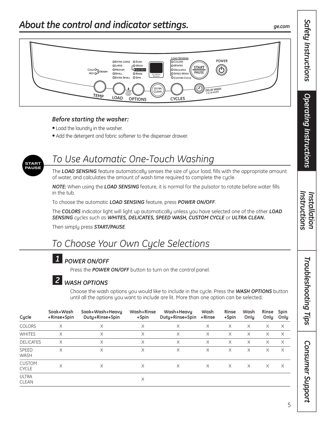 GE WSLP1500, WSLS1500 manual About the control and indicator settings, To Use Automatic One-Touch Washing 