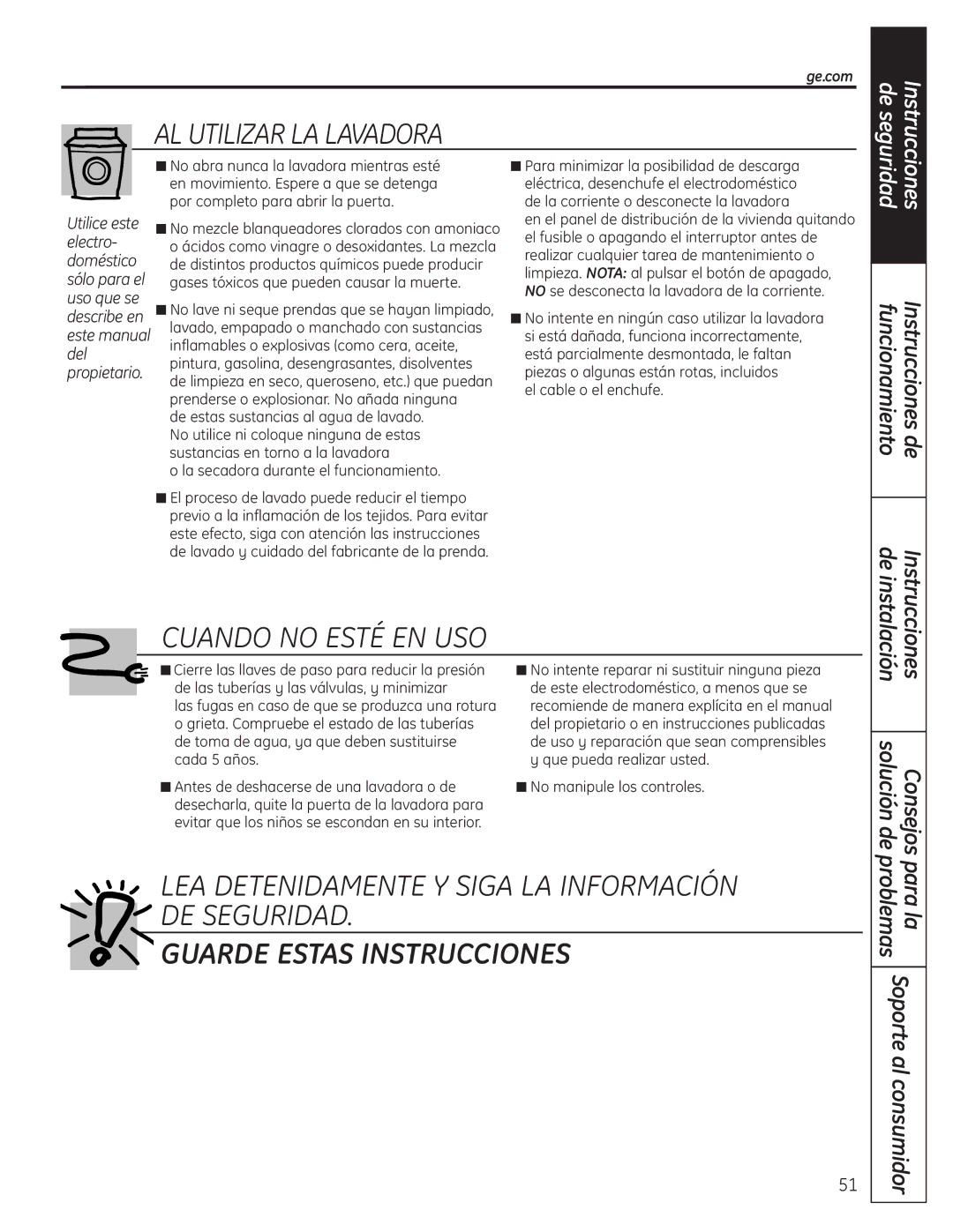 GE WSLP1500, WSLS1500 manual Guarde Estas Instrucciones 