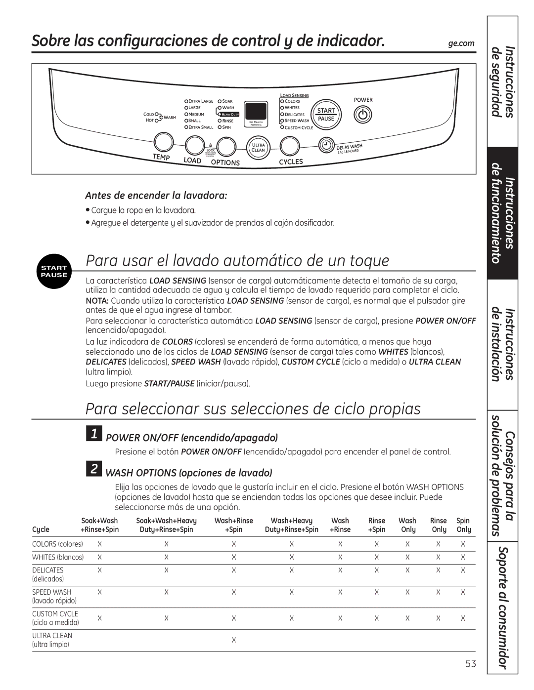 GE WSLP1500, WSLS1500 manual Sobre las configuraciones de control y de indicador, Para usar el lavado automático de un toque 