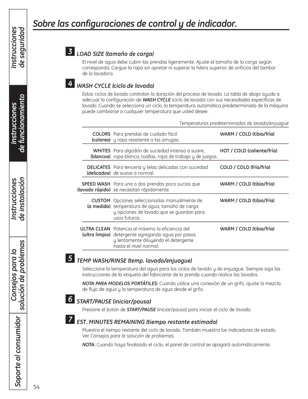 GE WSLS1500, WSLP1500 manual Load Size tamaño de carga, Wash Cycle ciclo de lavado, Temp WASH/RINSE temp. lavado/enjuague 