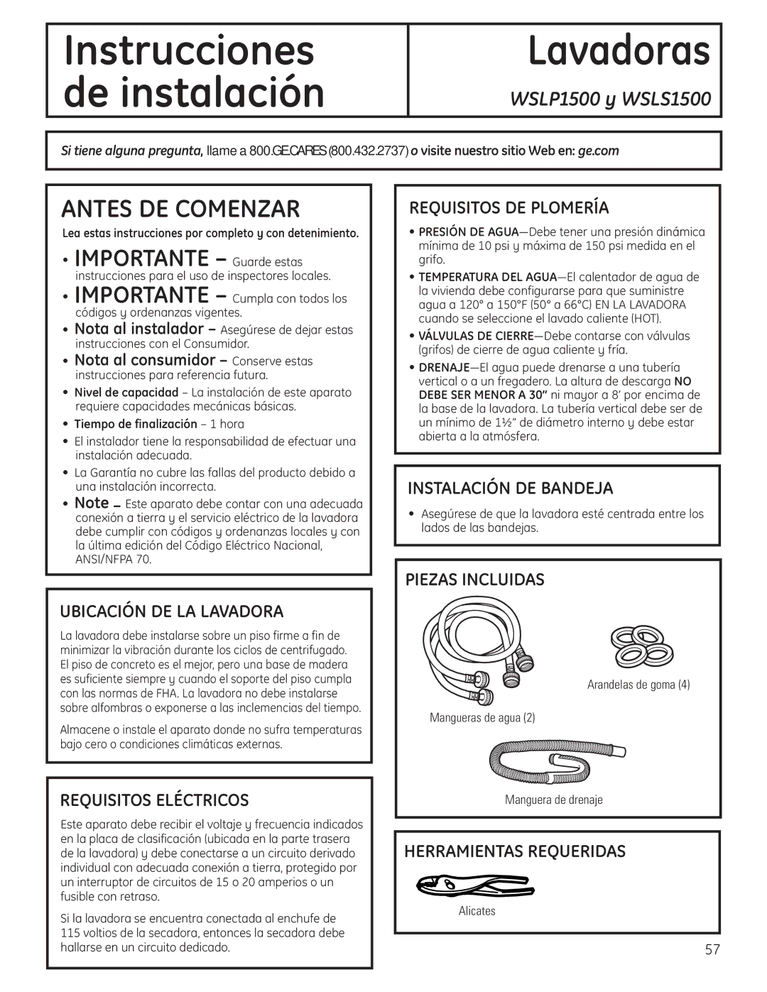 GE WSLP1500, WSLS1500 manual Ubicación DE LA Lavadora, Requisitos Eléctricos, Requisitos DE Plomería, Instalación DE Bandeja 