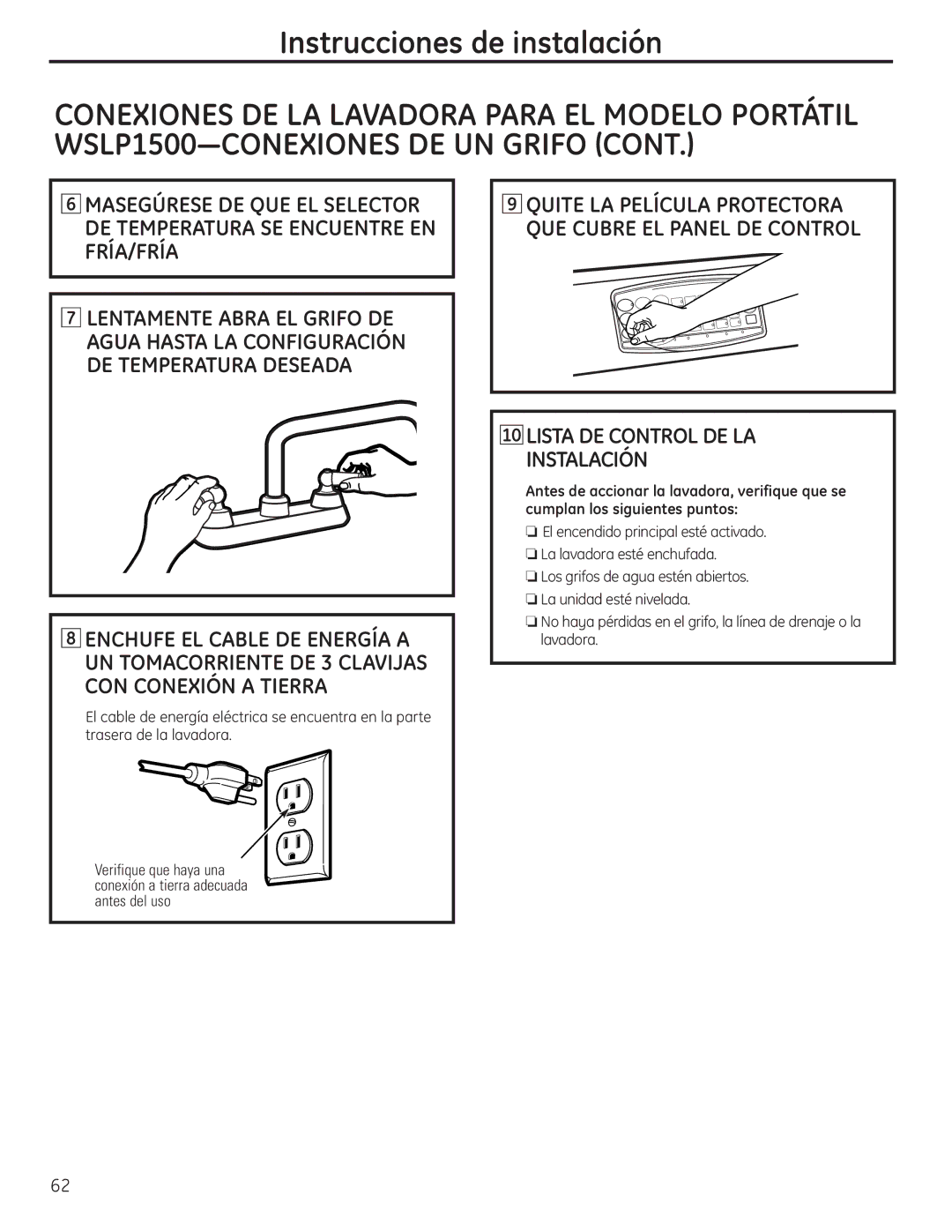 GE WSLS1500, WSLP1500 manual Lista DE Control DE LA Instalación 