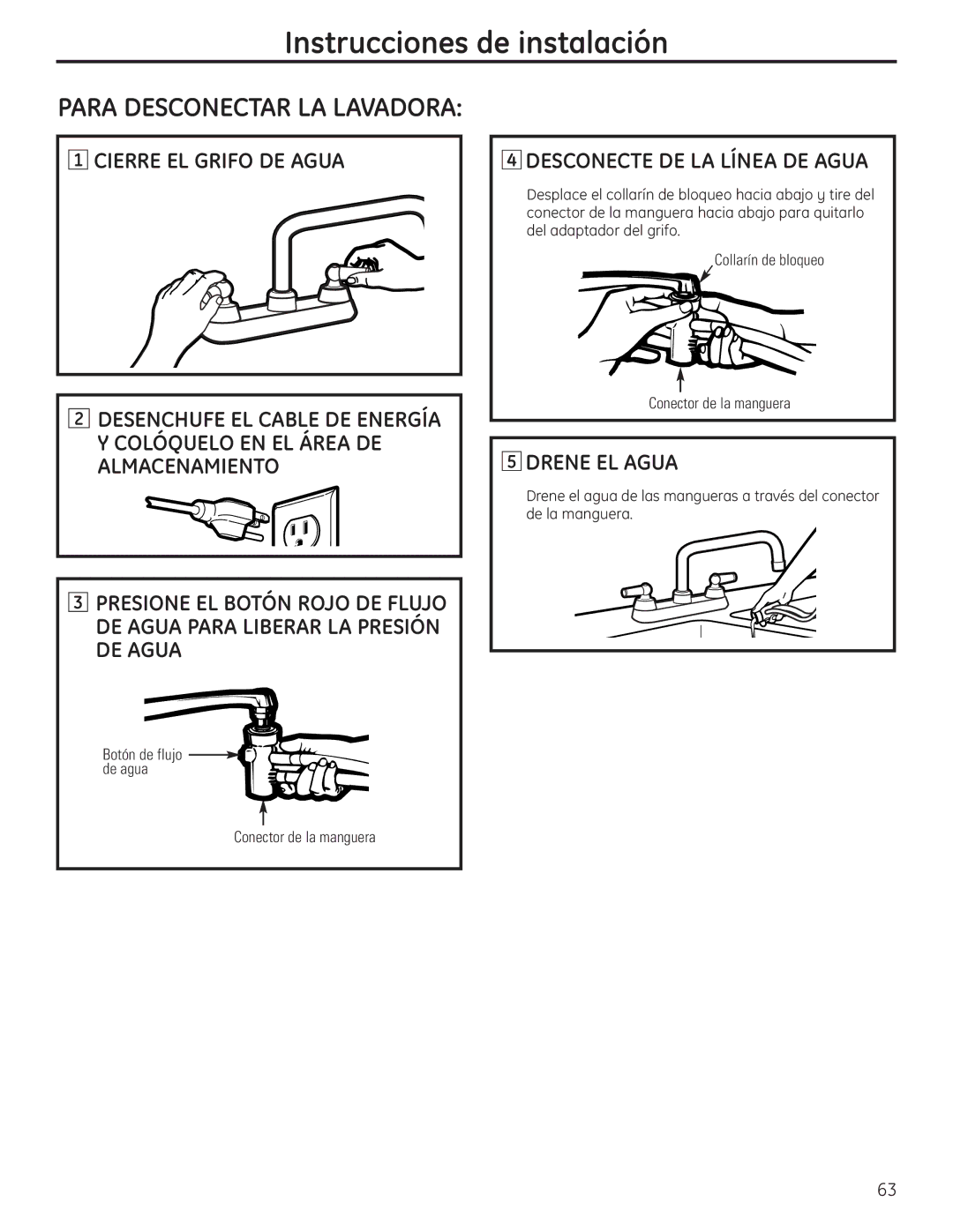 GE WSLP1500, WSLS1500 manual Para Desconectar LA Lavadora, Drene EL Agua 