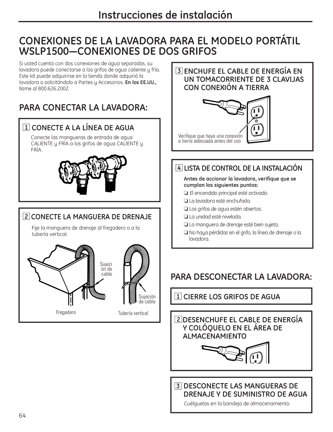 GE WSLS1500, WSLP1500 manual Para Conectar LA Lavadora 