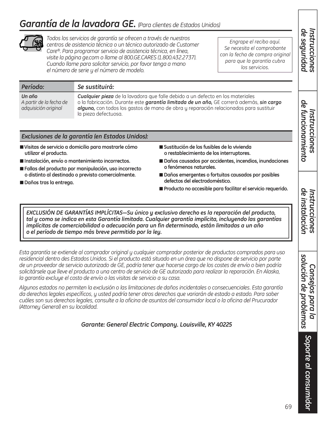 GE WSLP1500, WSLS1500 manual Período Se sustituirá, Exclusiones de la garantía en Estados Unidos, Un año 