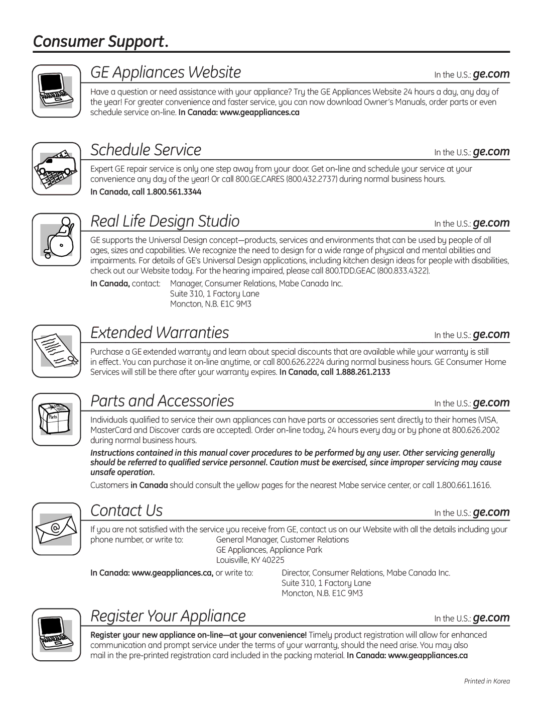 GE WSLS1500, WSLP1500 manual Consumer Support 