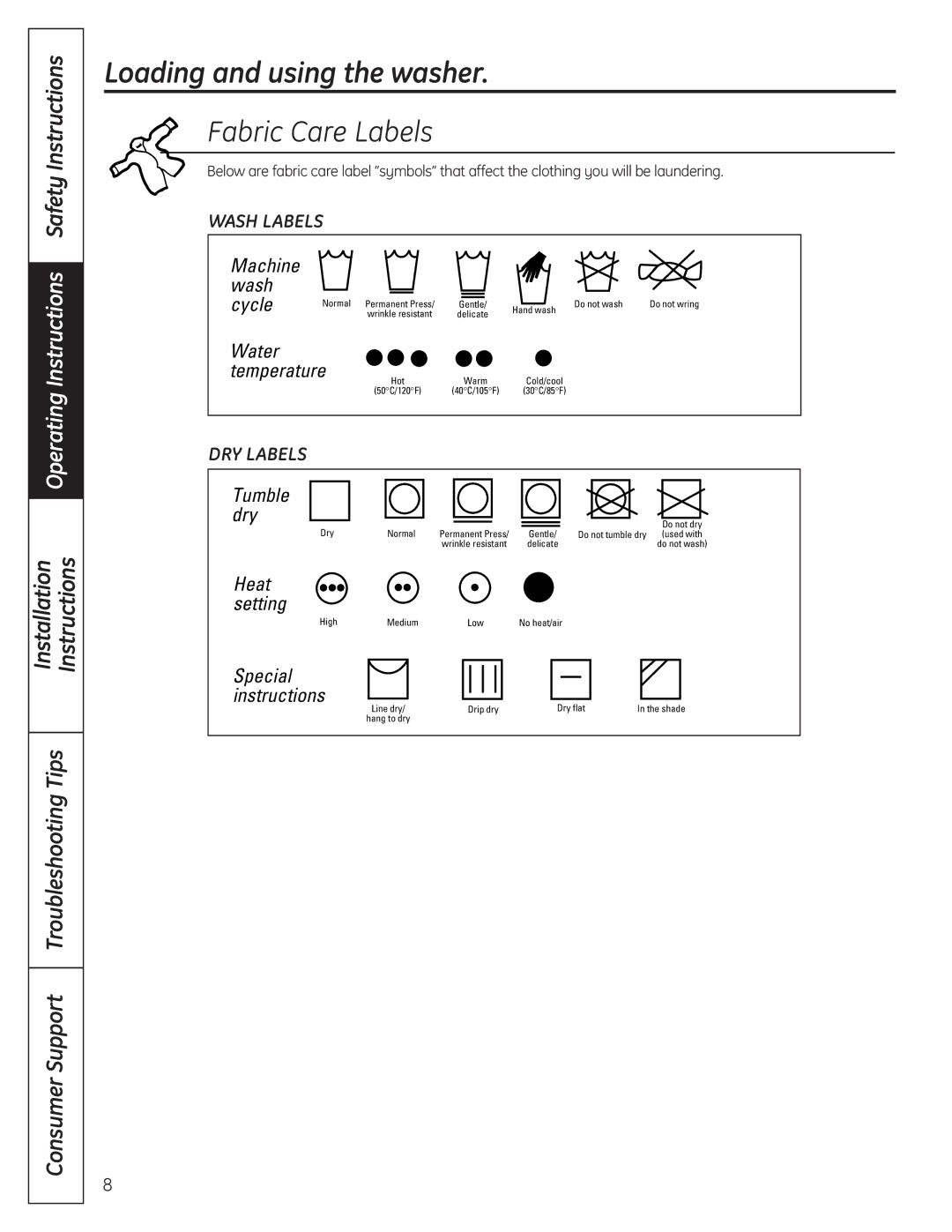 GE WSLS1500, WSLP1500 manual Fabric Care Labels, Installation Instructions 