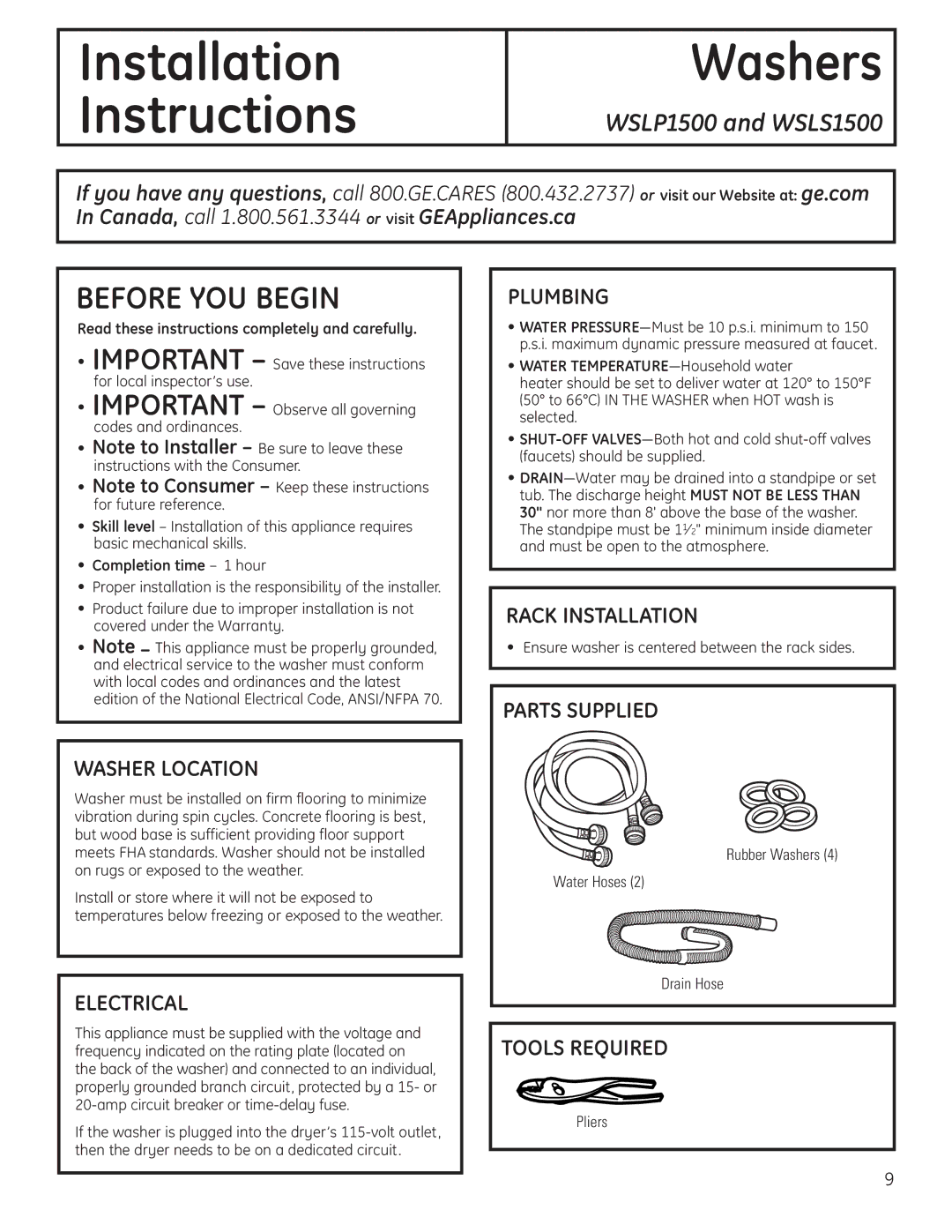 GE WSLP1500, WSLS1500 manual Washer Location, Electrical, Plumbing, Rack Installation, Parts Supplied, Tools Required 