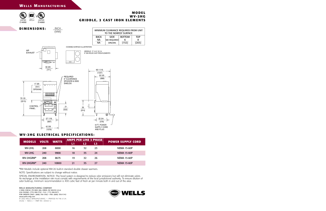 GE WV-2HG, WV-FG, WV-2HSG H G E L E CT R I C a L S P E C I F I C AT I O N S, 208 8000, 240 9900, 208 8675, 240 10800 