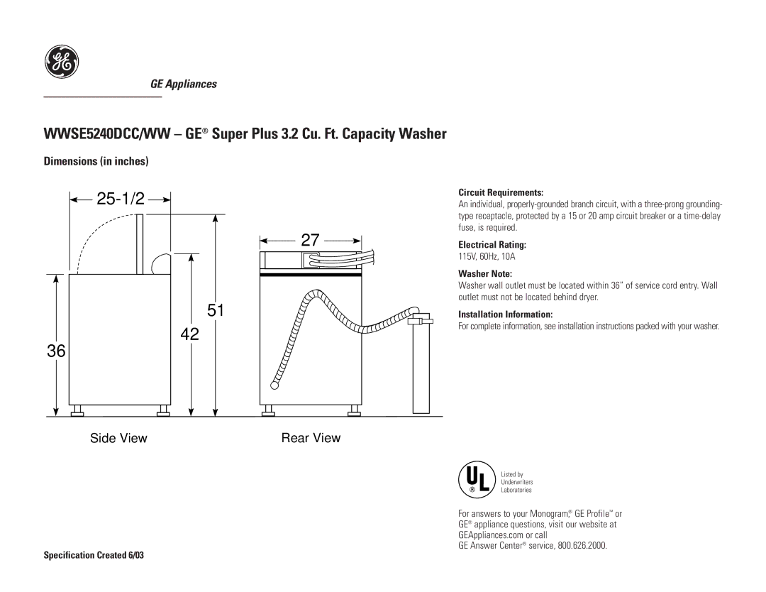 GE WWSE5240DCC/WW dimensions 25-1/2, Side View, Rear View 