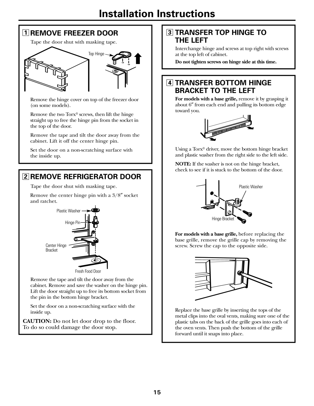 GE 197D3354P013, WX08X10015, WX08X10025 manual Remove Freezer Door, Remove Refrigerator Door, Transfer TOP Hinge to Left 