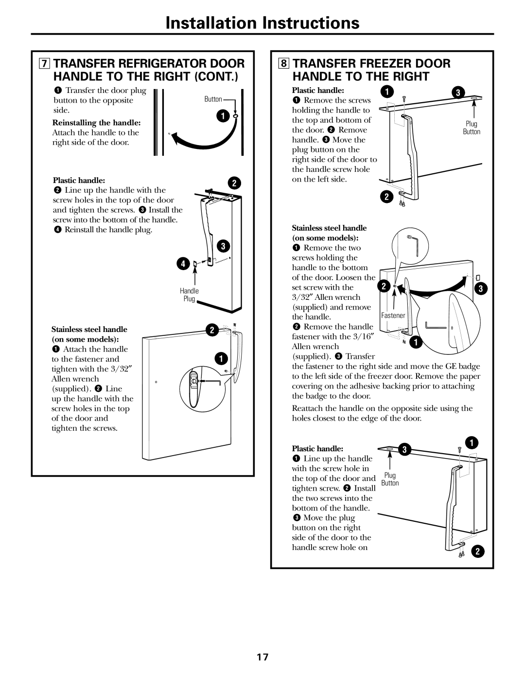 GE WX08X10025, WX08X10015 manual Transfer Refrigerator Door Handle to the Right, Transfer Freezer Door Handle to the Right 