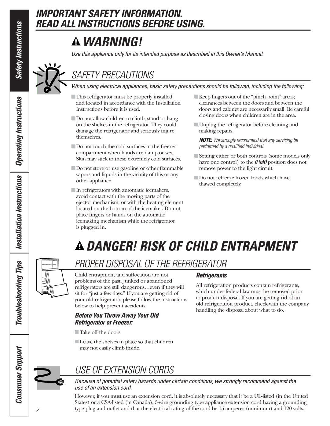 GE WX08X10006, WX08X10015, WX08X10025, 197D3354P013 Tips, Installation Instructions Operating Instructions, Refrigerants 