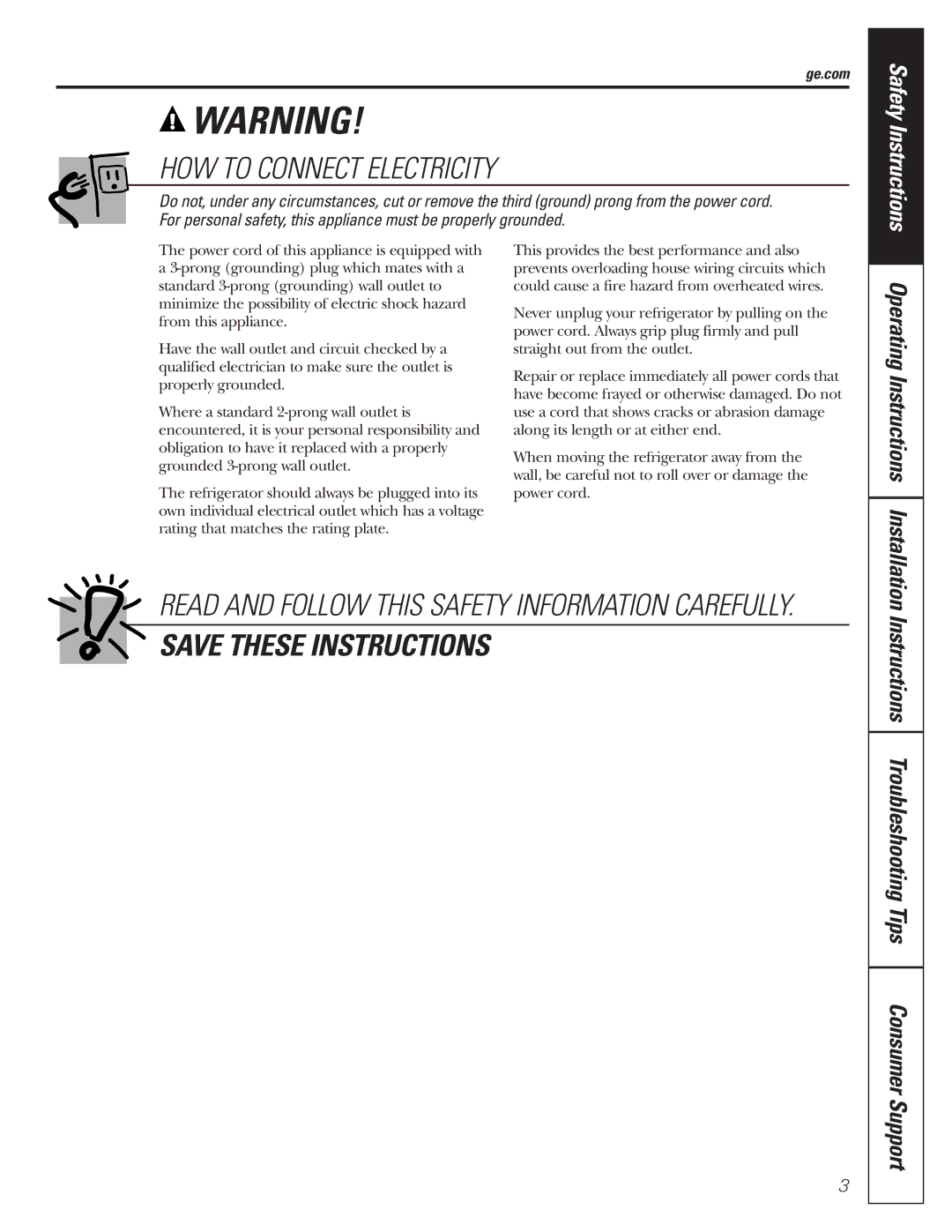 GE 197D3354P013, WX08X10015, WX08X10025 Instructions Troubleshooting Tips Consumer Support, Safety Instructions, Ge.com 