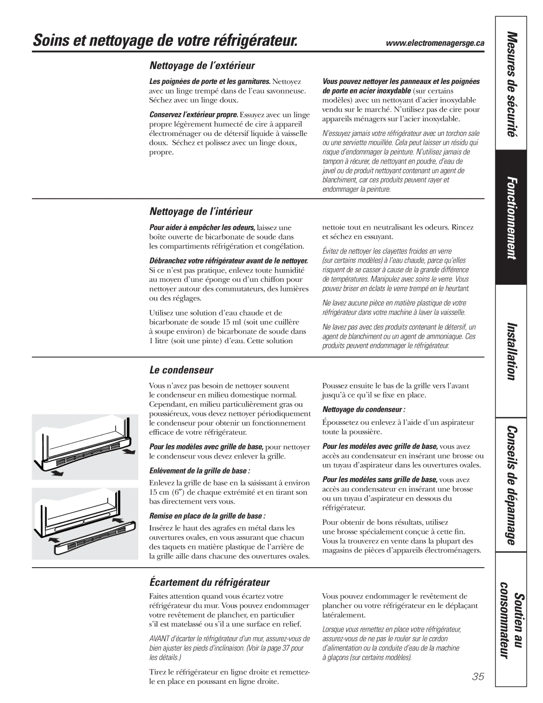 GE 197D3354P013, WX08X10015, WX08X10025, WX08X10006 manual Soins et nettoyage de votre réfrigérateur, Consommateur Soutien au 