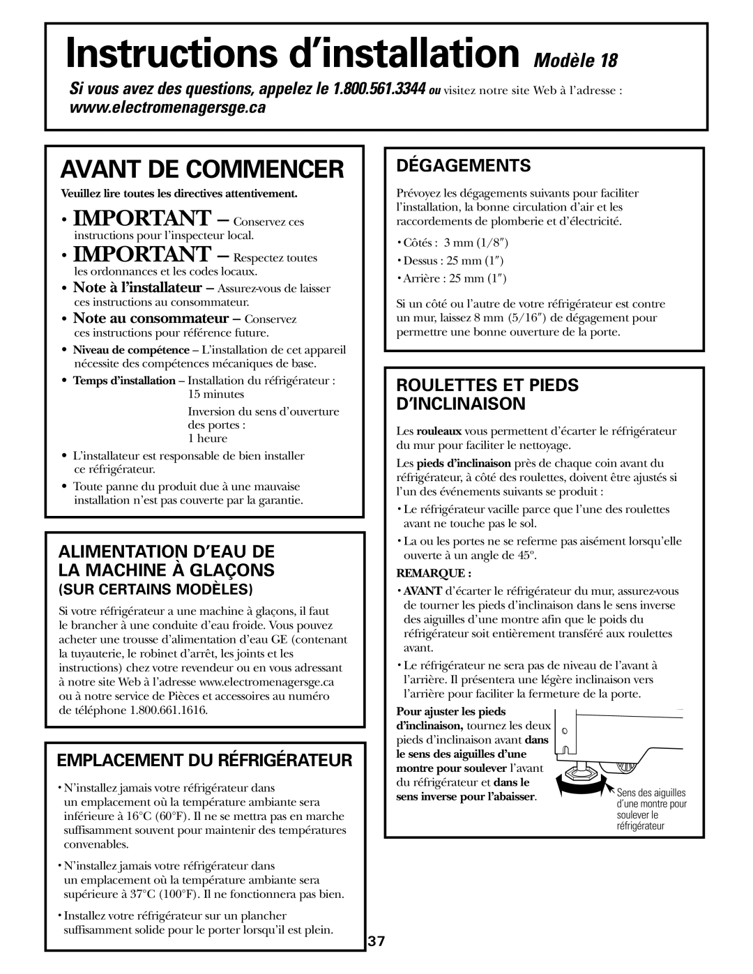 GE WX08X10025 Avant DE Commencer, Alimentation D’EAU DE LA Machine À Glaçons, Dégagements, Roulettes ET Pieds ’INCLINAISON 