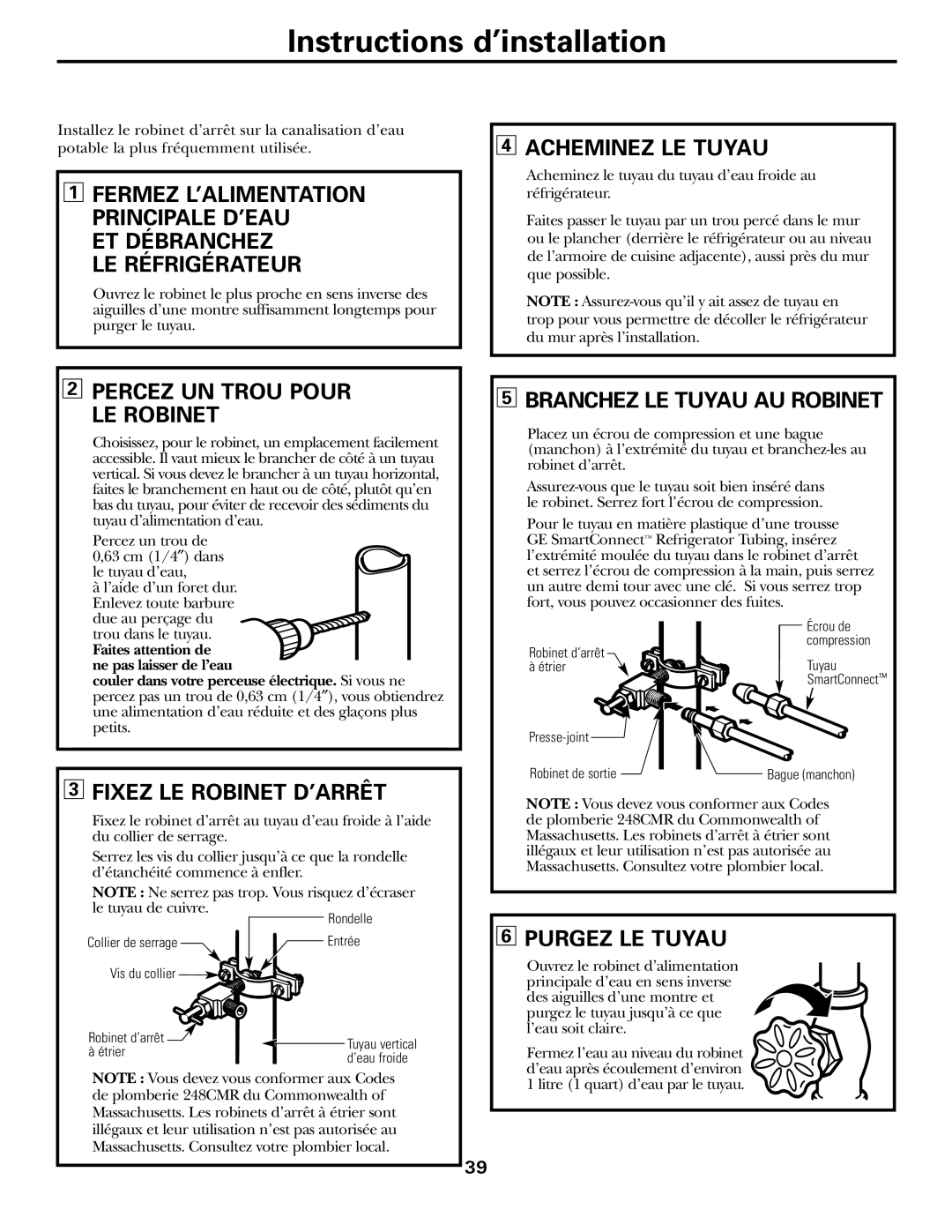 GE 197D3354P013 Acheminez LE Tuyau, Percez UN Trou Pour LE Robinet, Branchez LE Tuyau AU Robinet, Fixez LE Robinet D’ARRÊT 