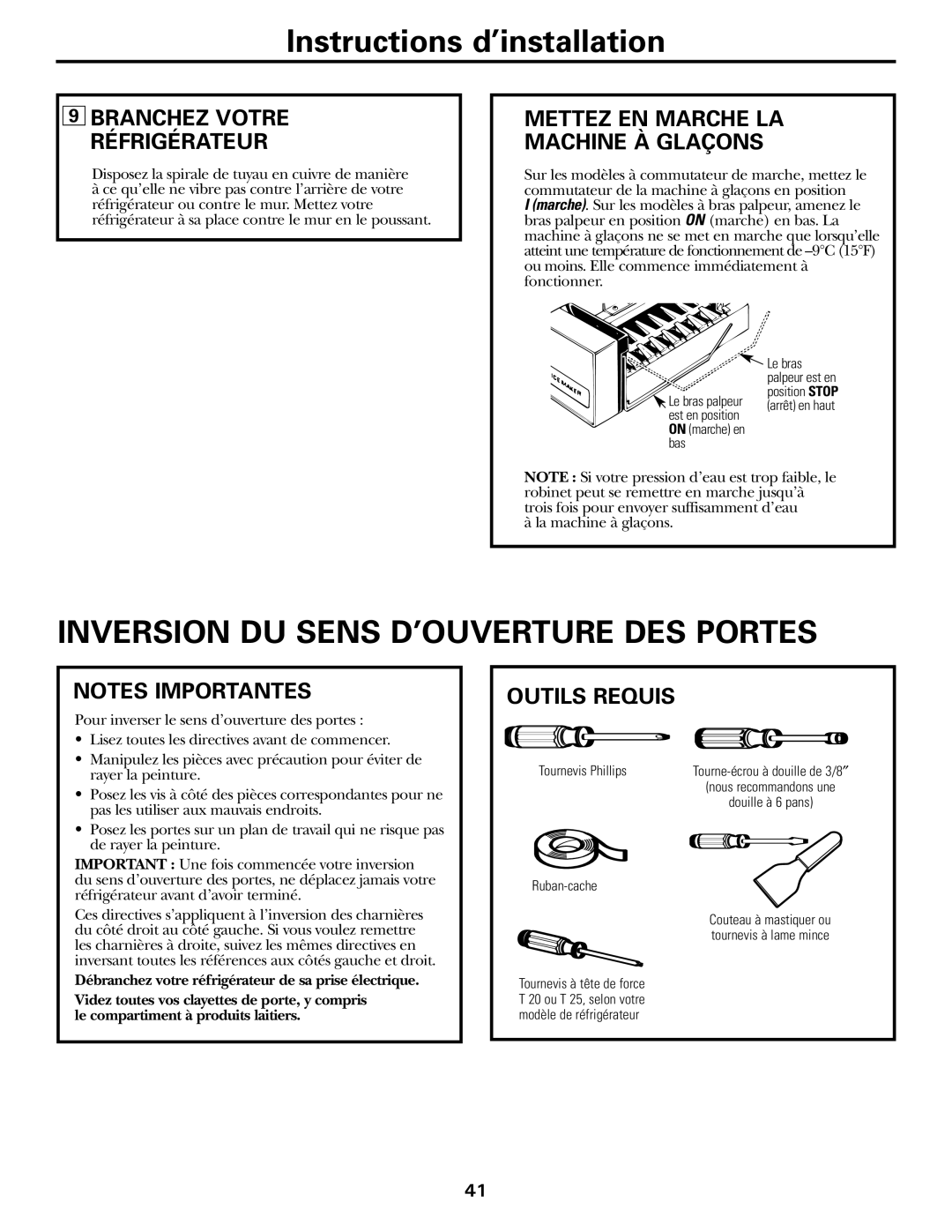 GE WX08X10025, WX08X10015, WX08X10006 Inversion DU Sens D’OUVERTURE DES Portes, Branchez Votre Réfrigérateur, Outils Requis 