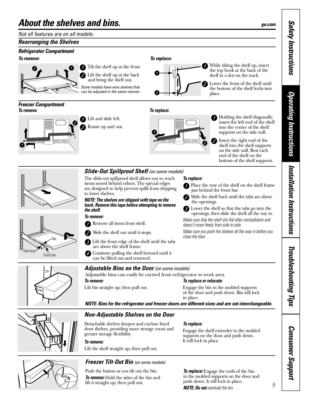 GE WX08X10025, WX08X10015, WX08X10006, 197D3354P013 About the shelves and bins, Safety Instructions, Operating Instructions 