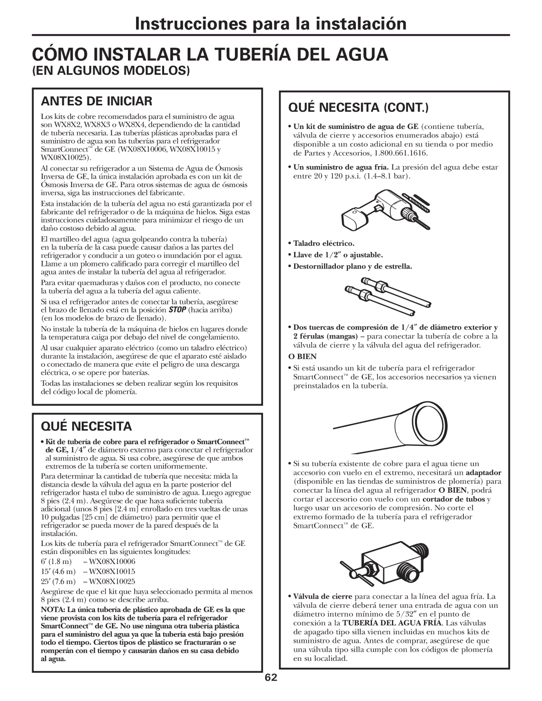 GE WX08X10006, WX08X10015, WX08X10025 Cómo Instalar LA Tubería DEL Agua, EN Algunos Modelos Antes DE Iniciar, QUÉ Necesita 