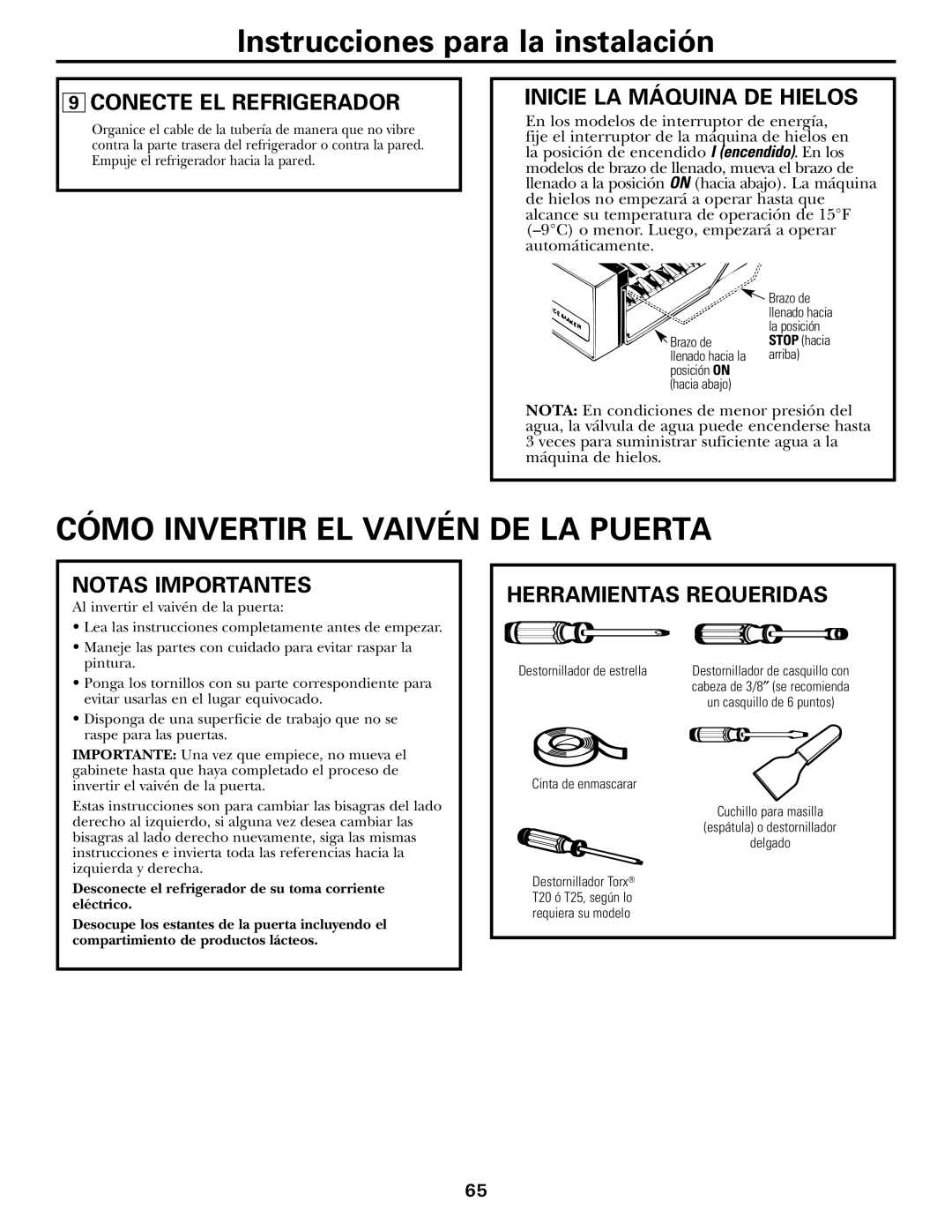 GE WX08X10025, WX08X10015 manual Cómo Invertir EL Vaivén DE LA Puerta, Conecte EL Refrigerador, Inicie LA Máquina DE Hielos 
