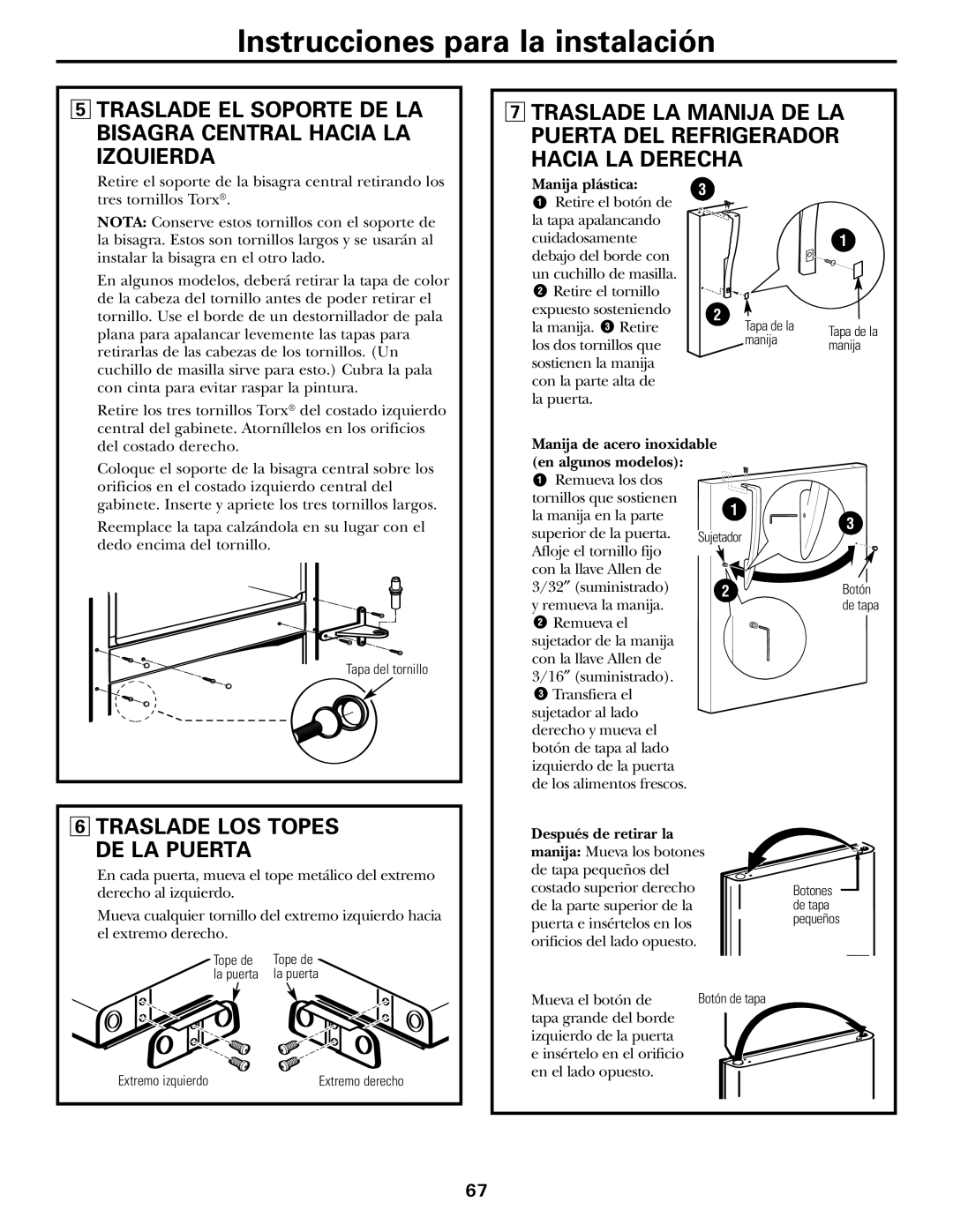 GE 197D3354P013 manual Traslade LOS Topes DE LA Puerta, Manija plástica, Manija de acero inoxidable En algunos modelos 