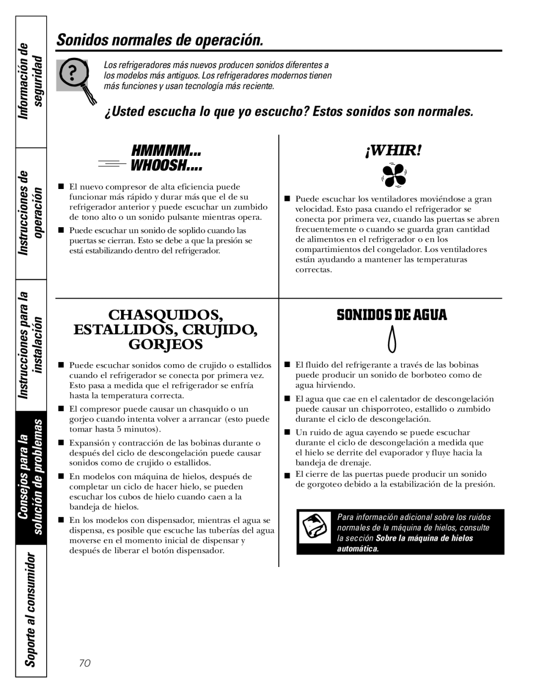 GE WX08X10006, WX08X10015 manual Sonidos normales de operación, ¿Usted escucha lo que yo escucho? Estos sonidos son normales 