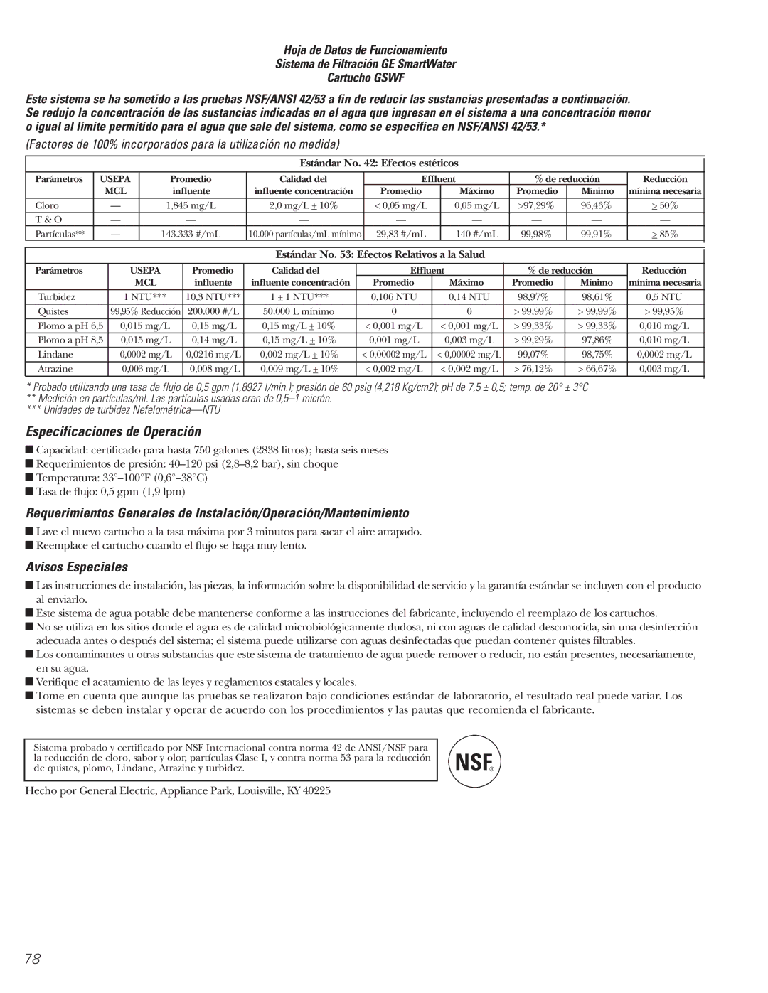 GE WX08X10006, WX08X10015, WX08X10025, 197D3354P013 manual Especificaciones de Operación, Avisos Especiales 