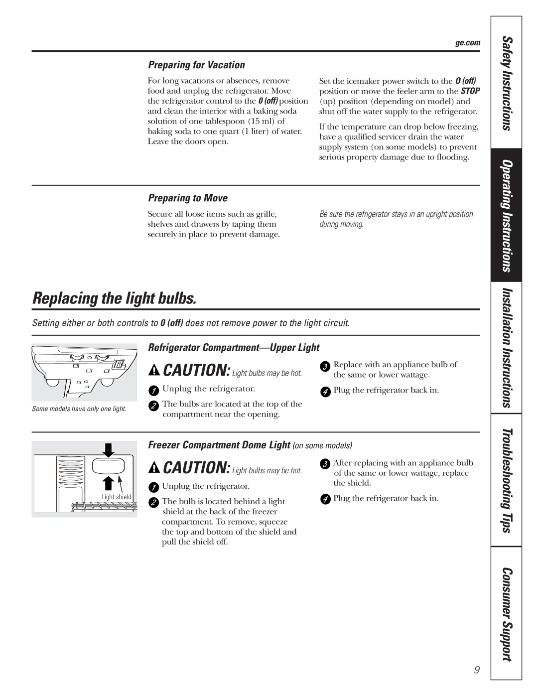 GE WX08X10025, WX08X10015, WX08X10006 manual Replacing the light bulbs, Instructions Operating, Instructions Installation 