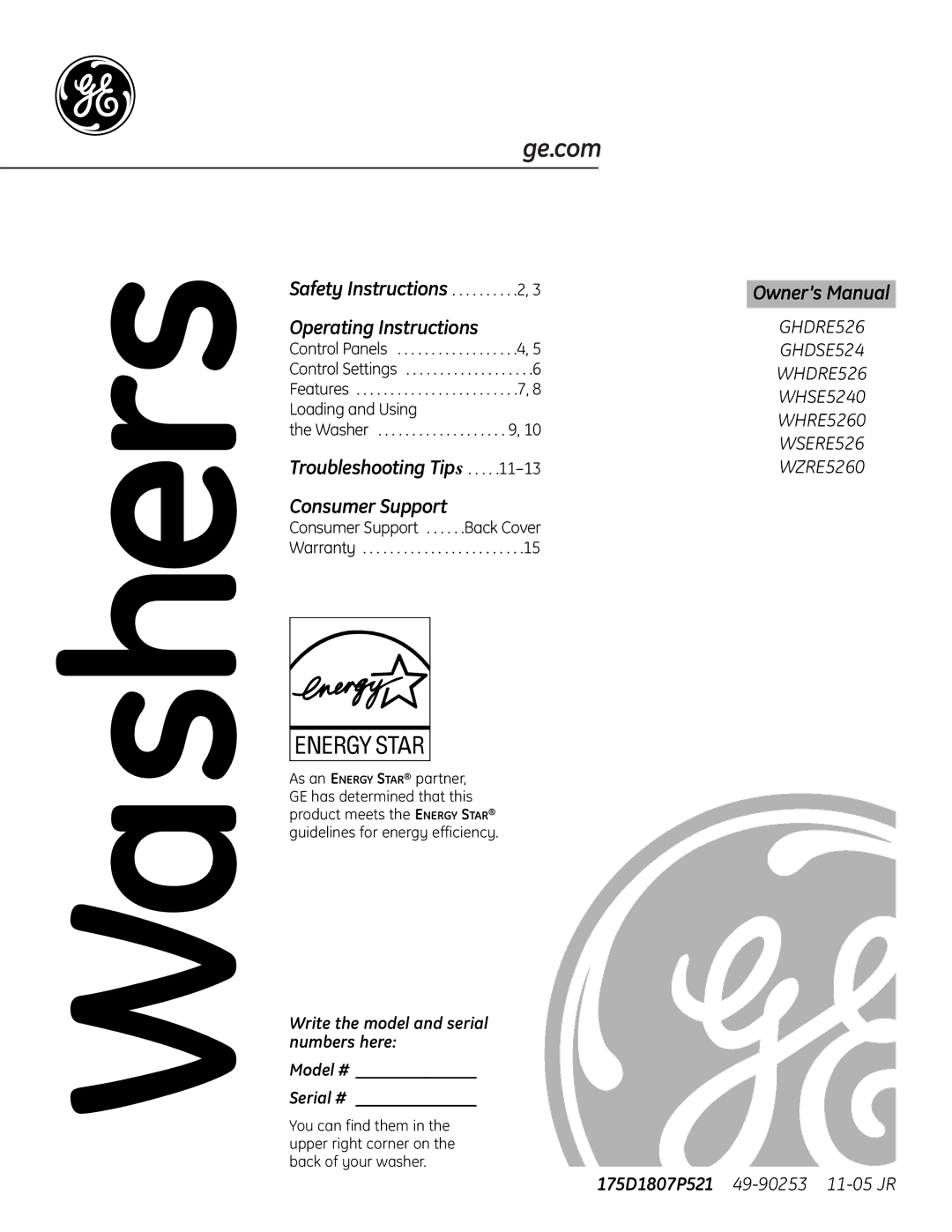 GE GHDRE526 GHDSE524 WHDRE526, WZRE5260 owner manual Washers 