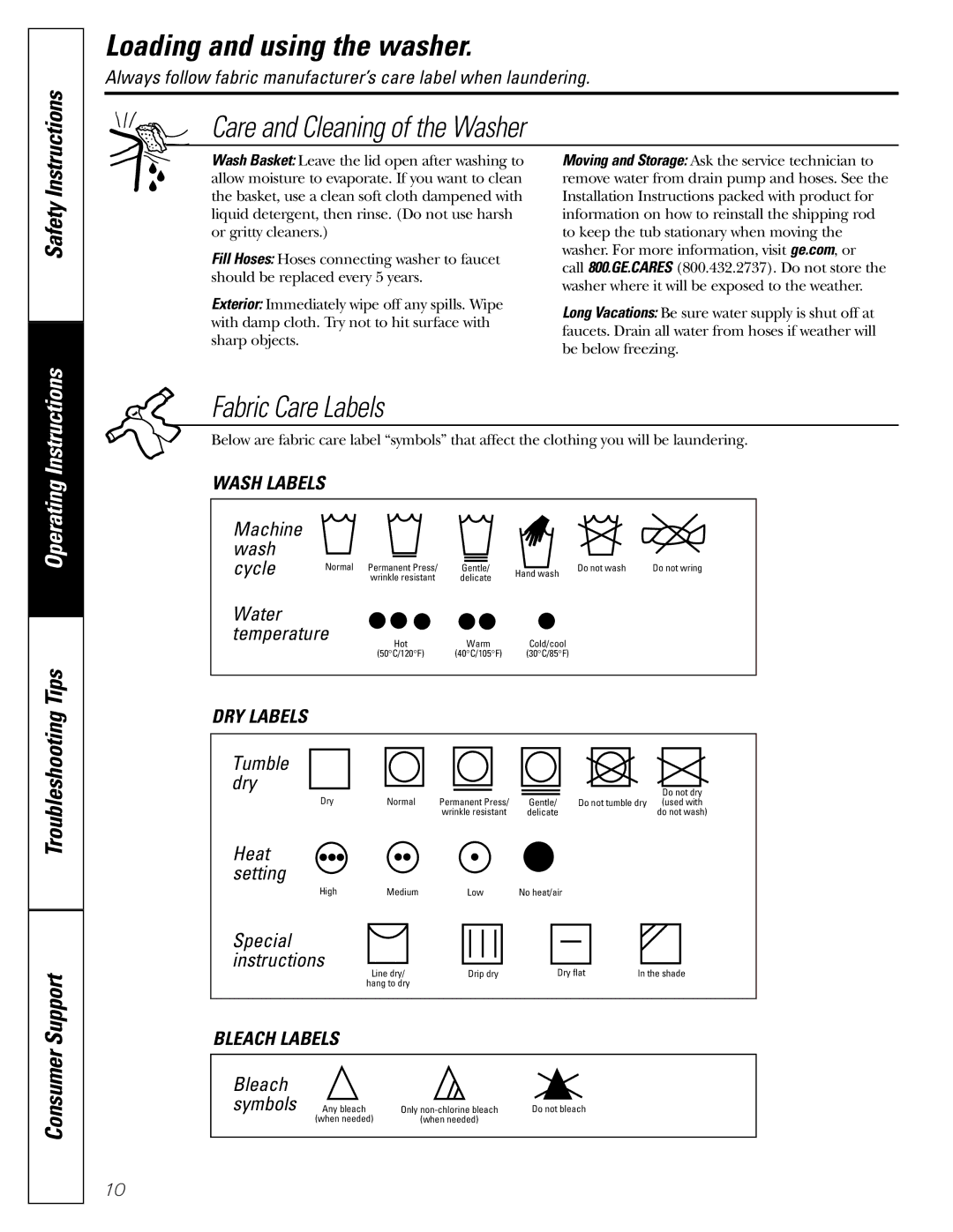 GE WZRE5260, GHDRE526 GHDSE524 WHDRE526 owner manual Care and Cleaning of the Washer 