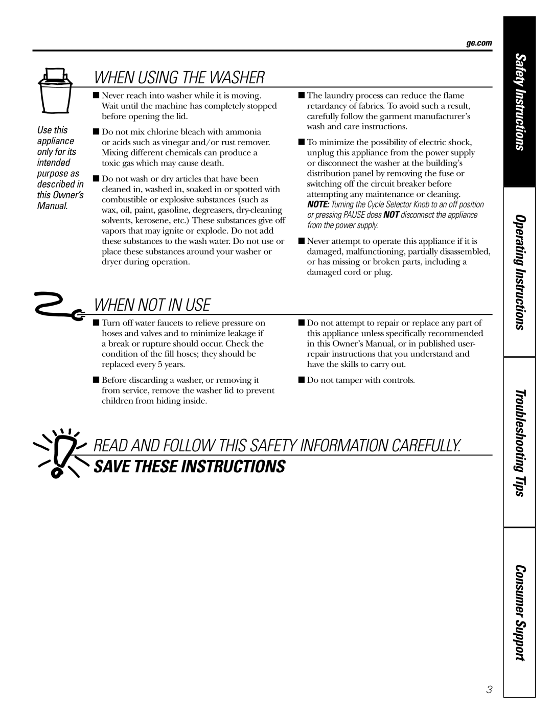 GE GHDRE526 GHDSE524 WHDRE526, WZRE5260 owner manual When Using the Washer, Ge.com 