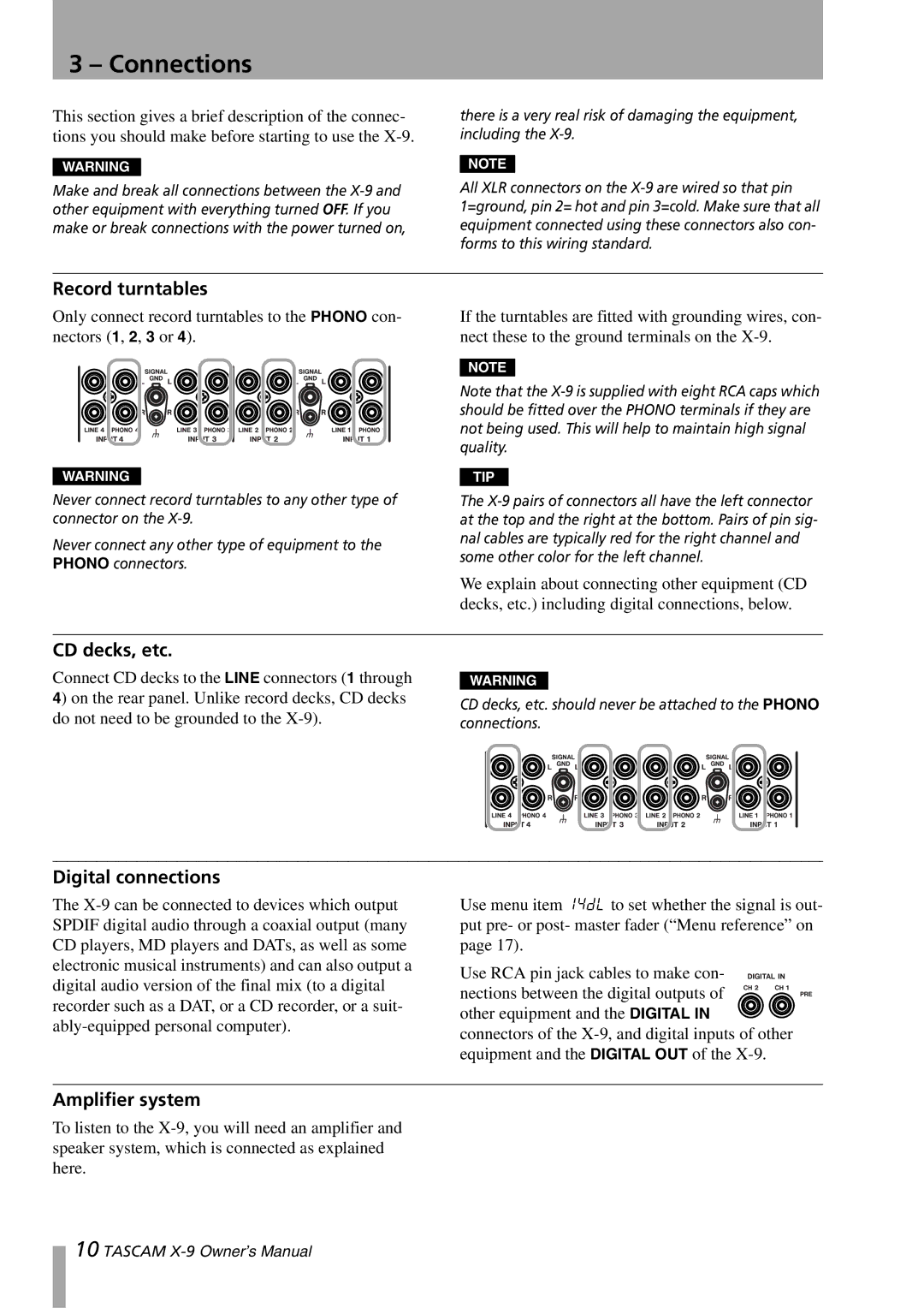 GE X-9 owner manual Connections, Record turntables, CD decks, etc, Digital connections, Amplifier system 