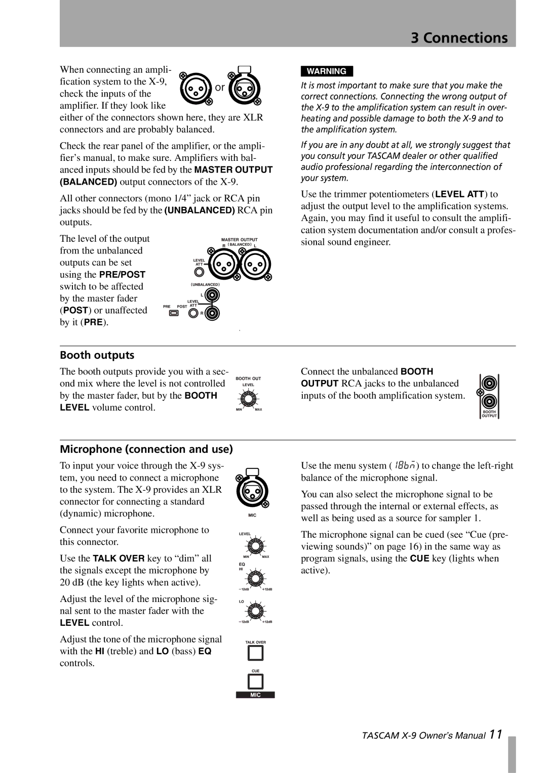 GE X-9 owner manual Booth outputs, Microphone connection and use 