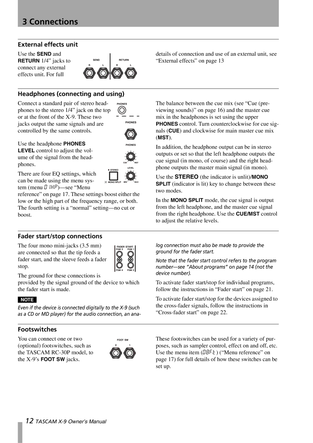 GE X-9 owner manual External effects unit, Headphones connecting and using, Fader start/stop connections, Footswitches 