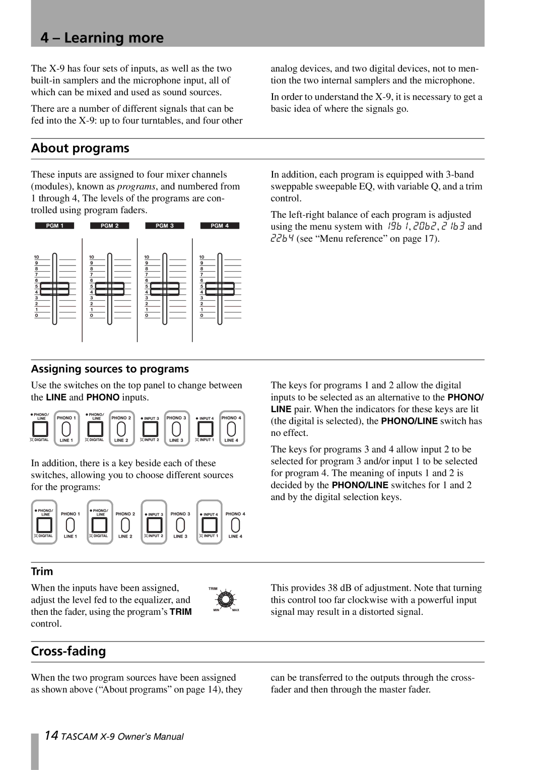 GE X-9 owner manual Learning more, About programs, Cross-fading, Assigning sources to programs, Trim 