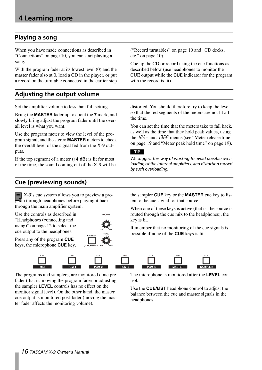 GE X-9 owner manual Playing a song, Adjusting the output volume, Cue previewing sounds 