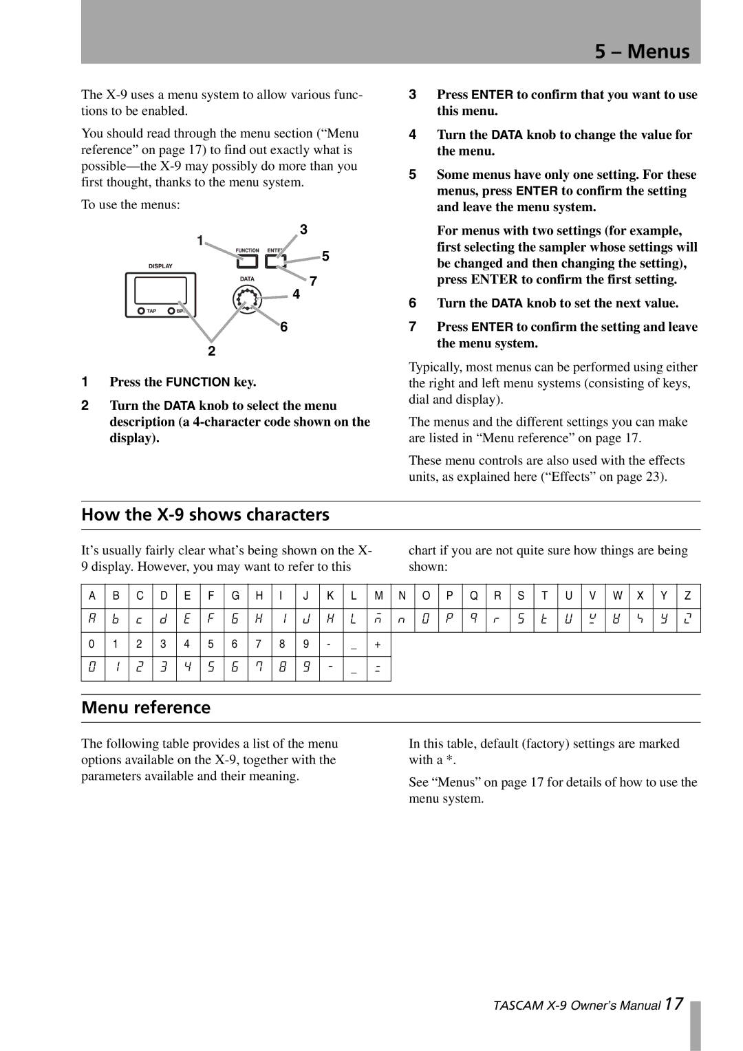 GE owner manual How the X-9 shows characters, Menu reference 