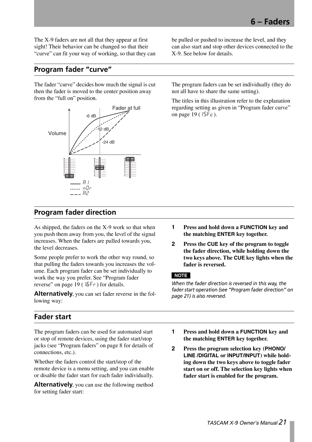 GE X-9 owner manual Faders, Program fader curve, Program fader direction, Fader start 