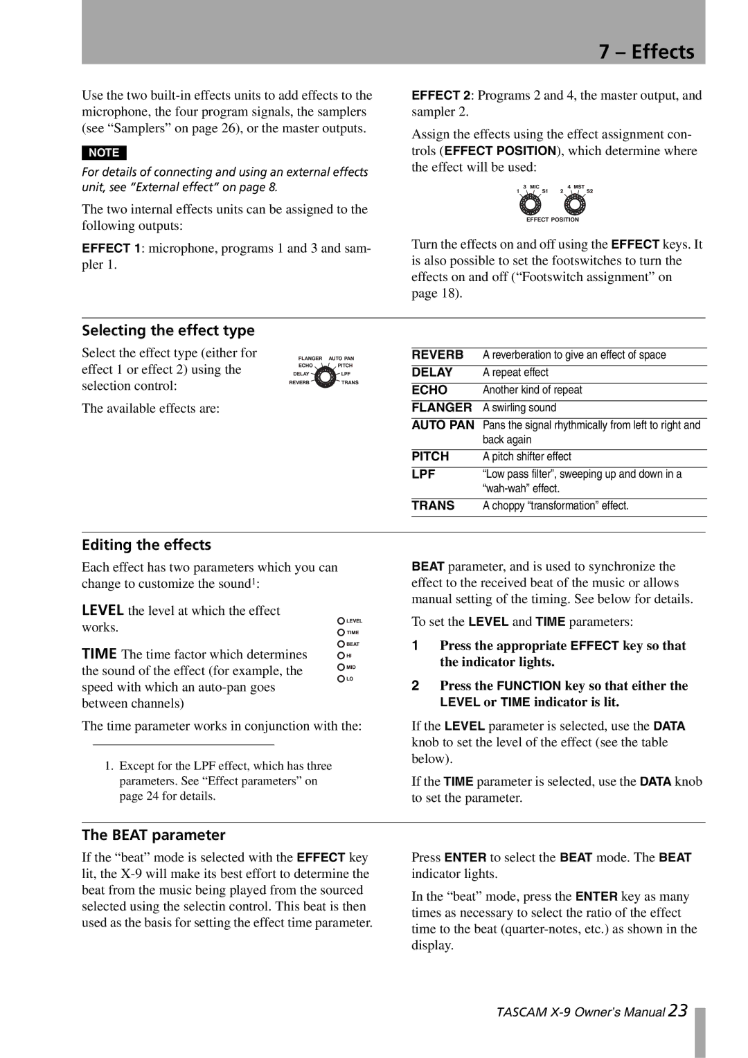 GE X-9 owner manual Effects, Selecting the effect type, Editing the effects, Beat parameter 