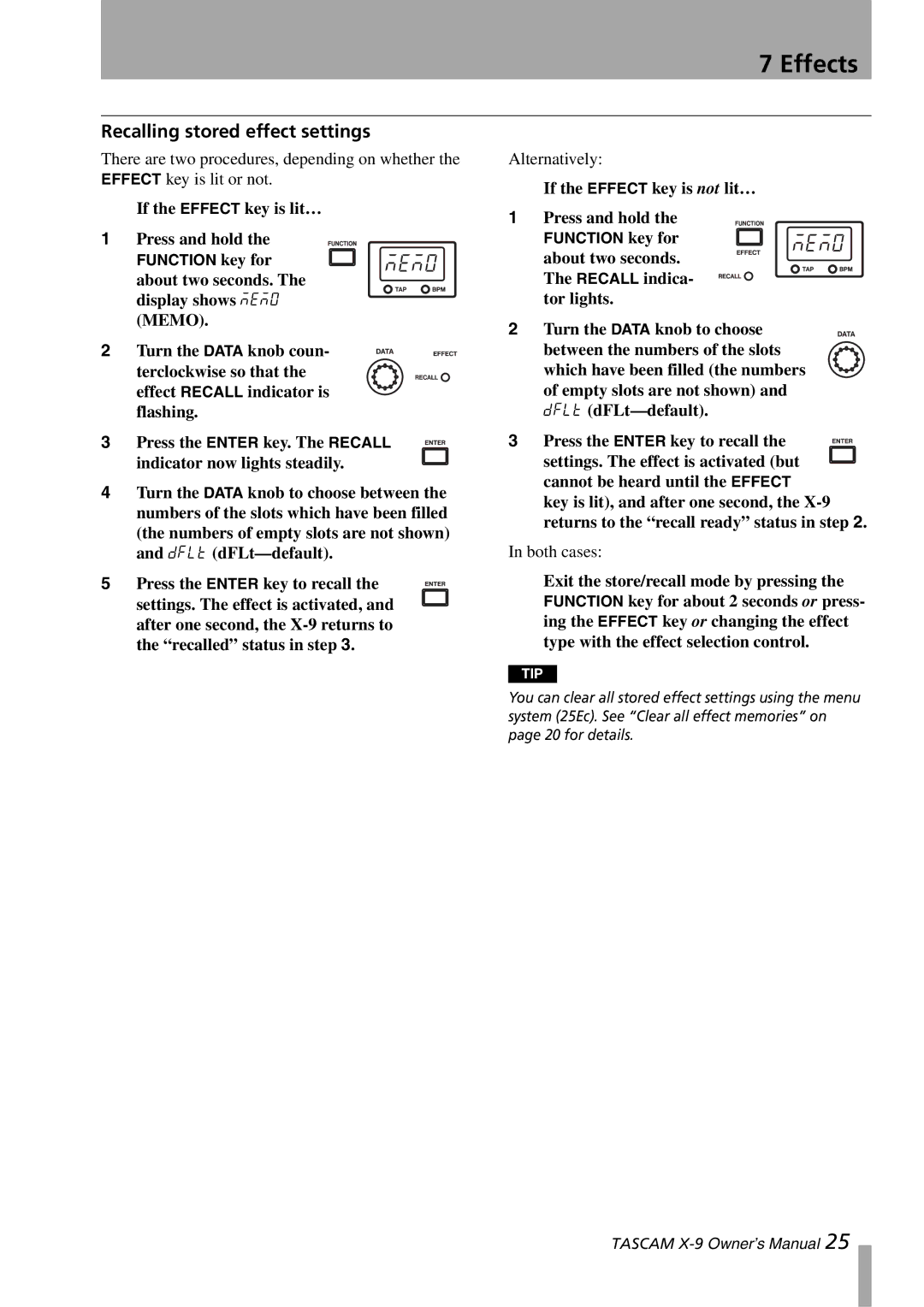 GE X-9 owner manual Recalling stored effect settings 