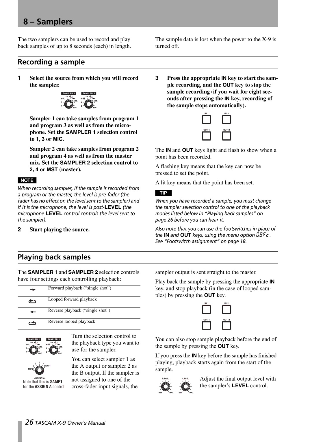 GE X-9 owner manual Samplers, Recording a sample, Playing back samples 