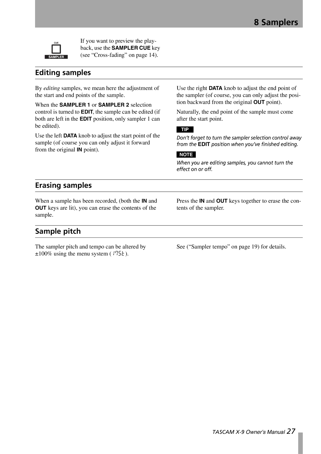 GE X-9 owner manual Editing samples, Erasing samples, Sample pitch 