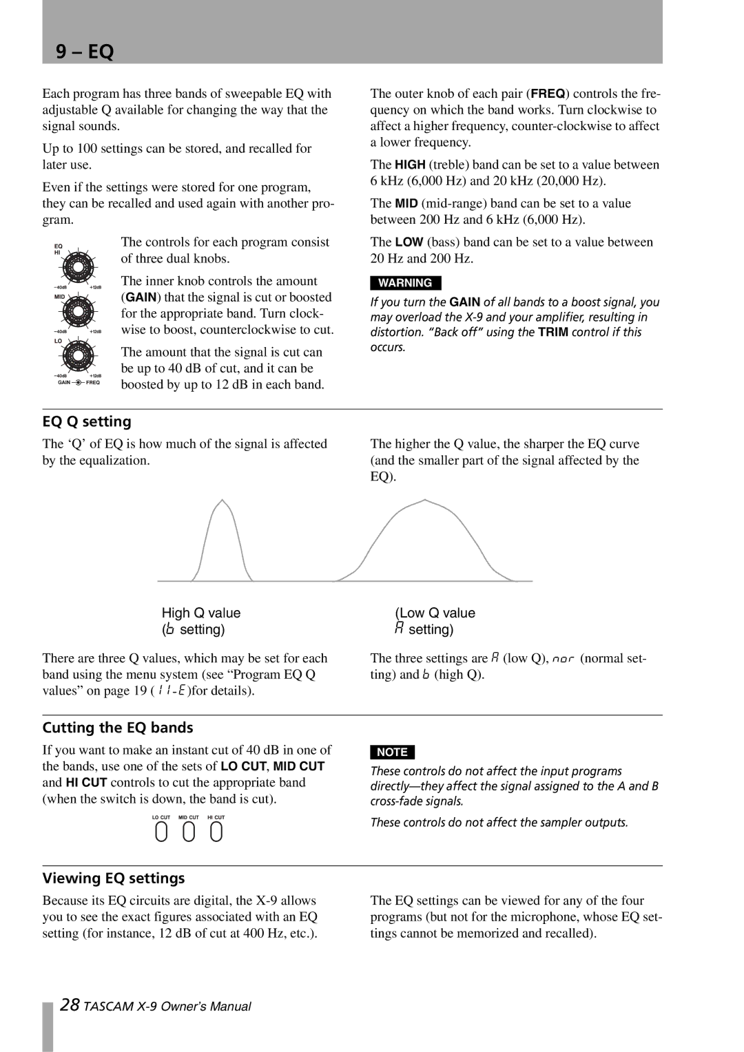 GE X-9 owner manual EQ Q setting, Cutting the EQ bands, Viewing EQ settings 