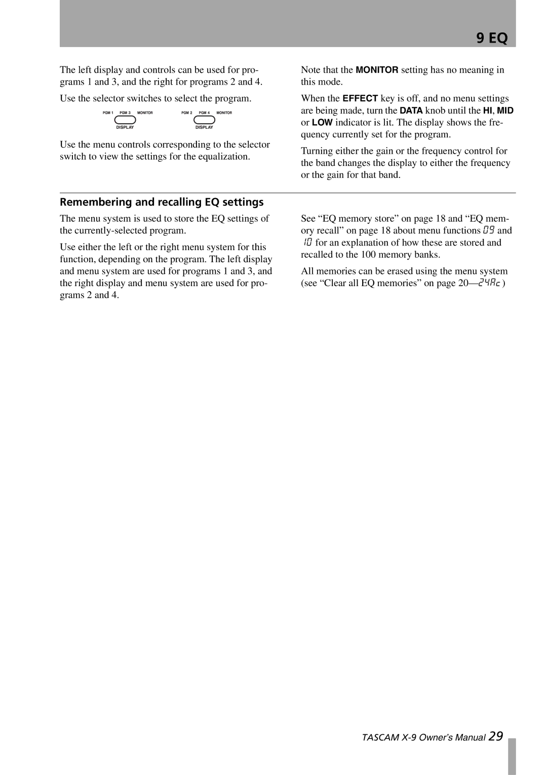 GE X-9 owner manual Remembering and recalling EQ settings 