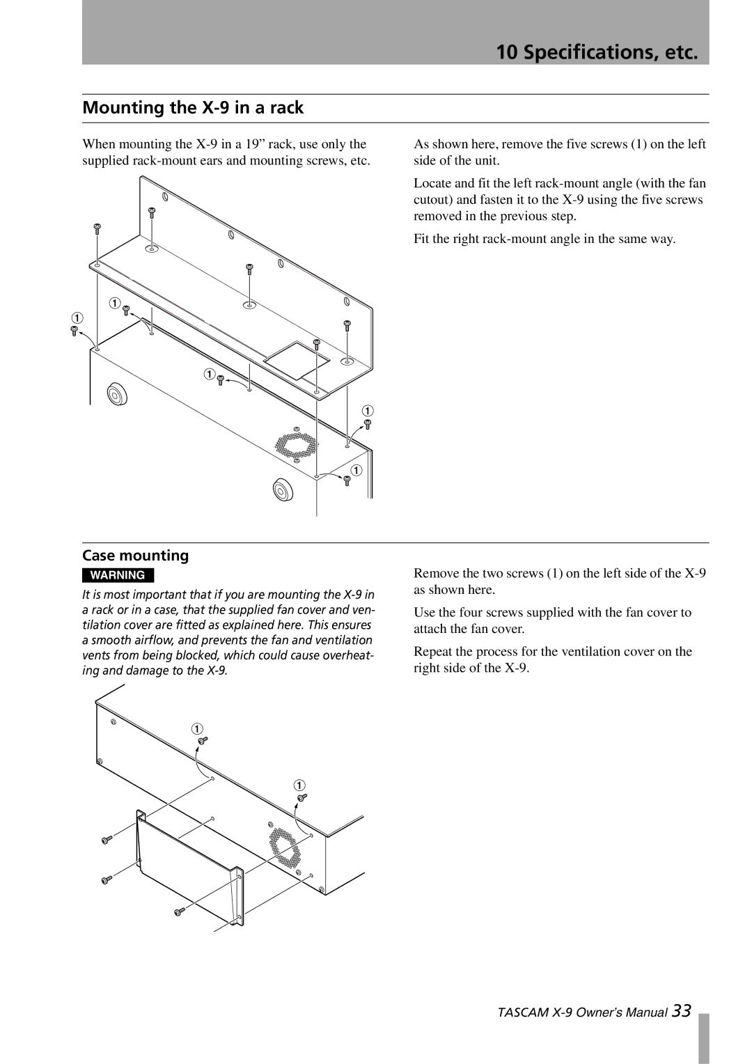 GE owner manual Mounting the X-9 in a rack, Case mounting 