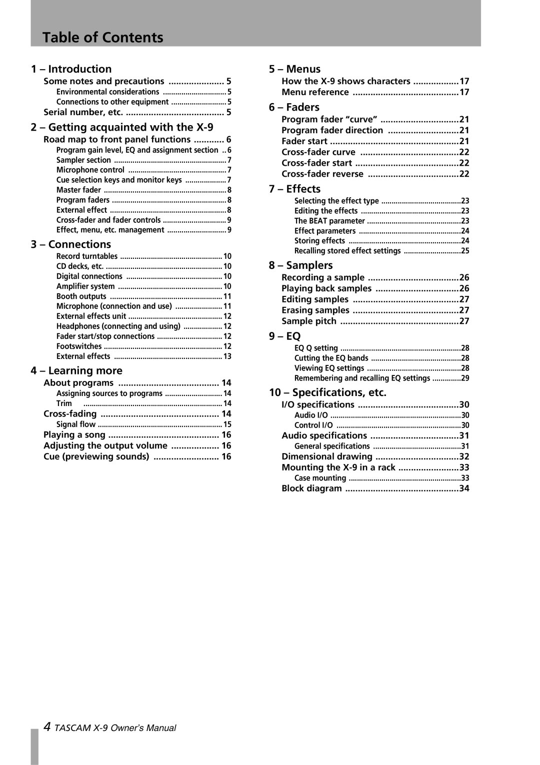 GE X-9 owner manual Table of Contents 