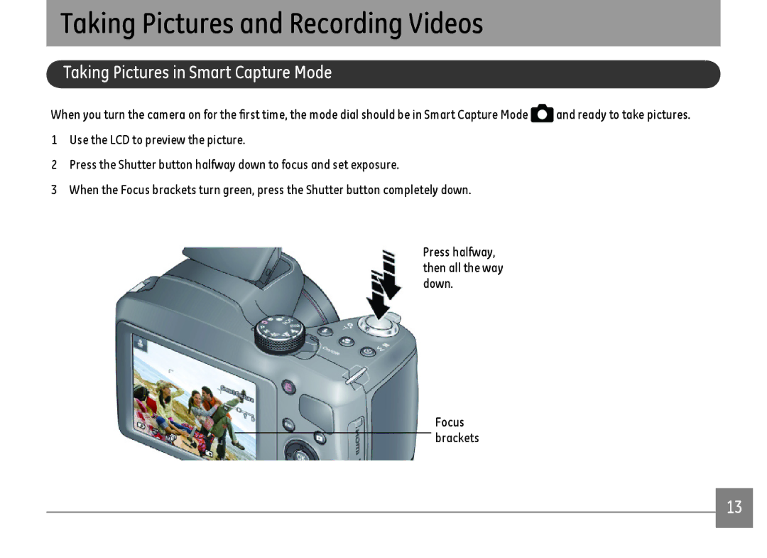 GE DSC-X2600-BK-US-1 user manual Taking Pictures and Recording Videos, Taking Pictures in Smart Capture Mode 