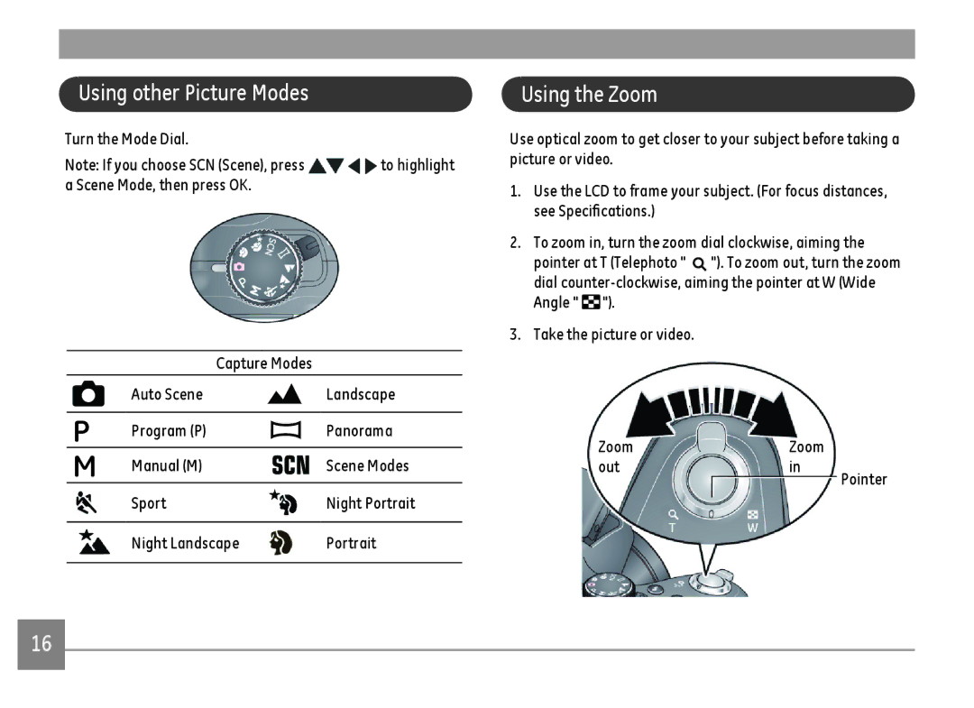 GE DSC-X2600-BK-US-1 user manual Using other Picture Modes, Using the Zoom 